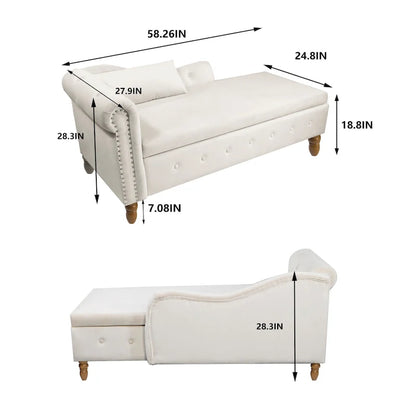 Chaise Lounge Indoor,Velvet Lounge Chair for Bedroom with Storage & Pillow,Modern Upholstered Rolled Arm Chase Lounge