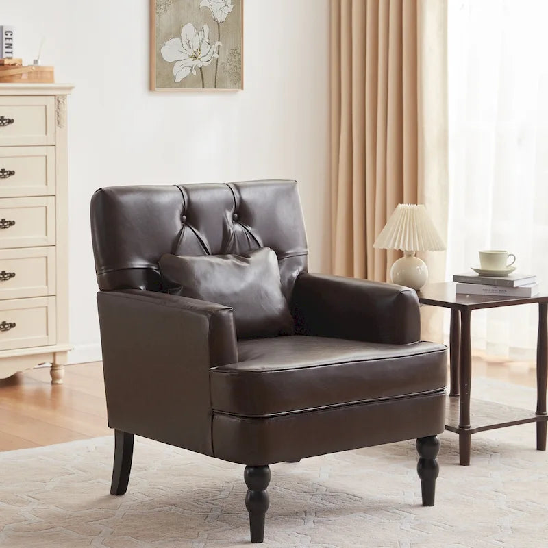 HUIMO Arm Chair Upholstered Button Tufted Accent Chair with Lumbar Pillow Beige/ Grey/ Light Blue/Brown