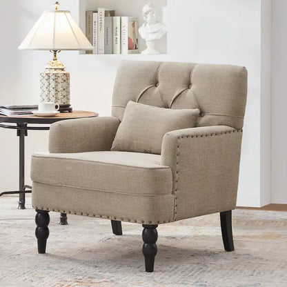 HUIMO Arm Chair Upholstered Button Tufted Accent Chair with Lumbar Pillow Beige/ Grey/ Light Blue/Brown