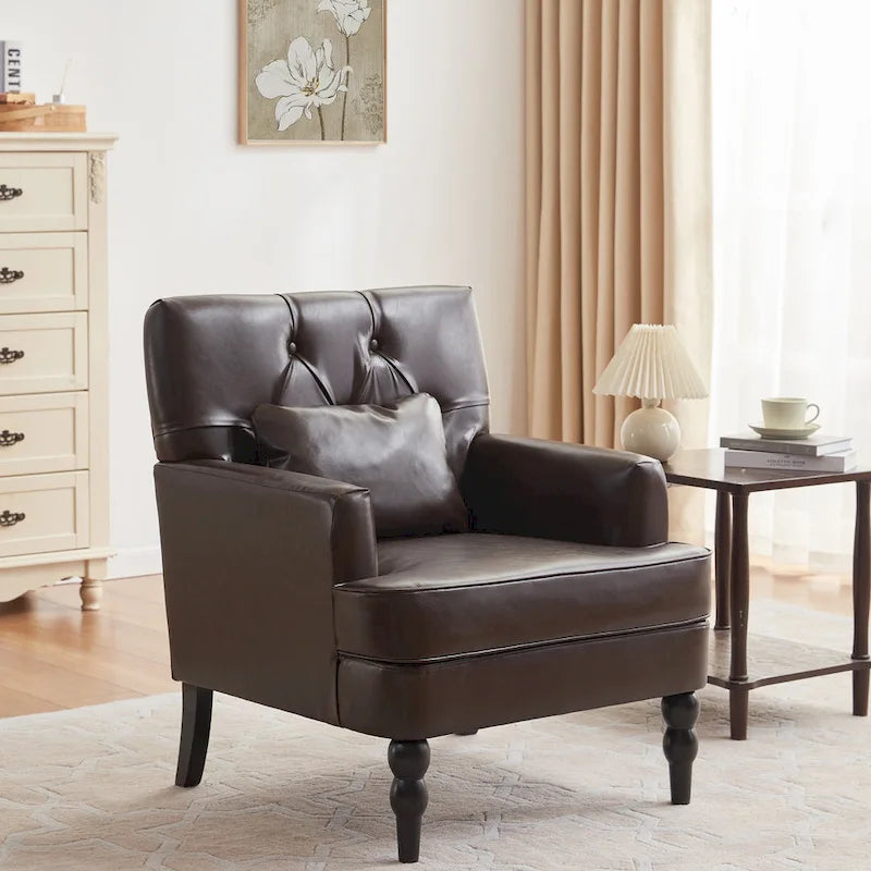HUIMO Arm Chair Upholstered Button Tufted Accent Chair with Lumbar Pillow Beige/ Grey/ Light Blue/Brown