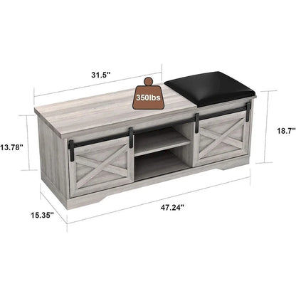 White Shoe Bench Entryway with Storage, Modern Shoe Bench with Sliding X Barn Door - 47.24'x 15.35'x 17.72'
