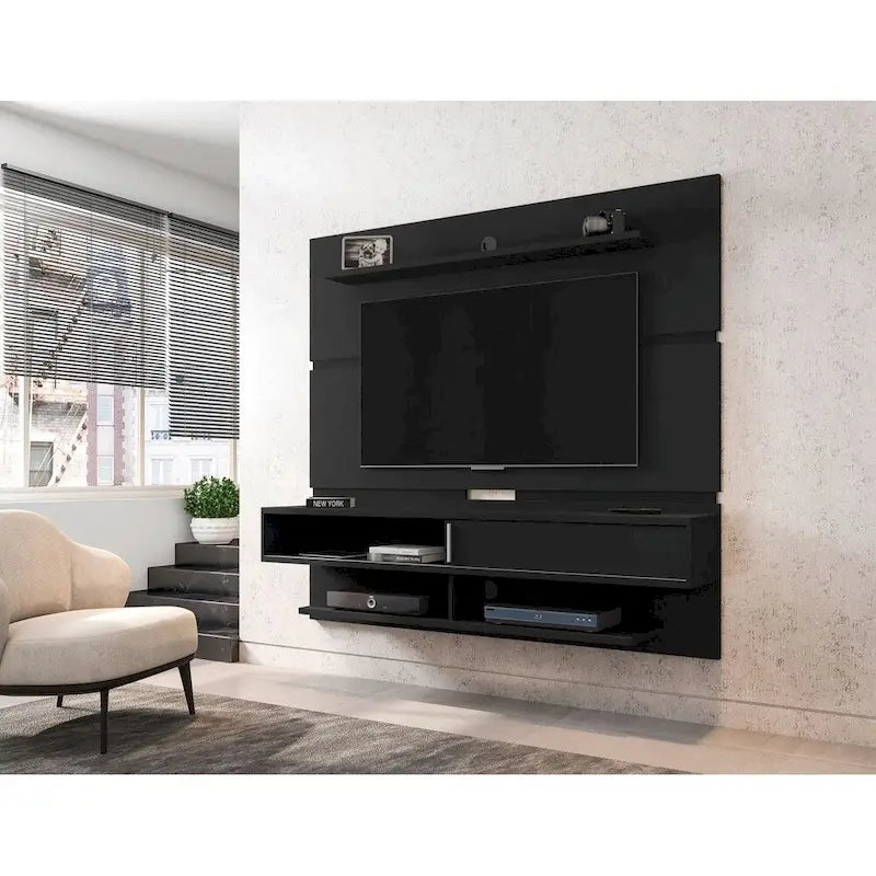 Wall-Mounted Entertainment Center with Shelves - Brown Wood