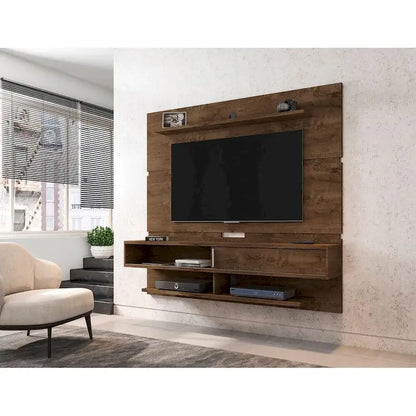 Wall-Mounted Entertainment Center with Shelves - Brown Wood