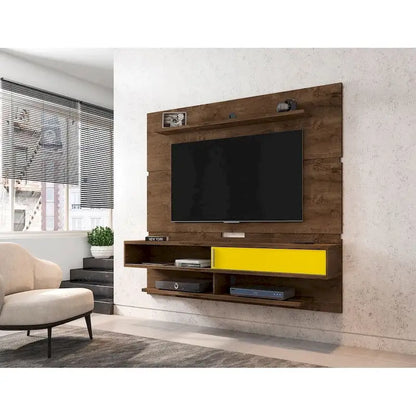 Wall-Mounted Entertainment Center with Shelves - Brown Wood