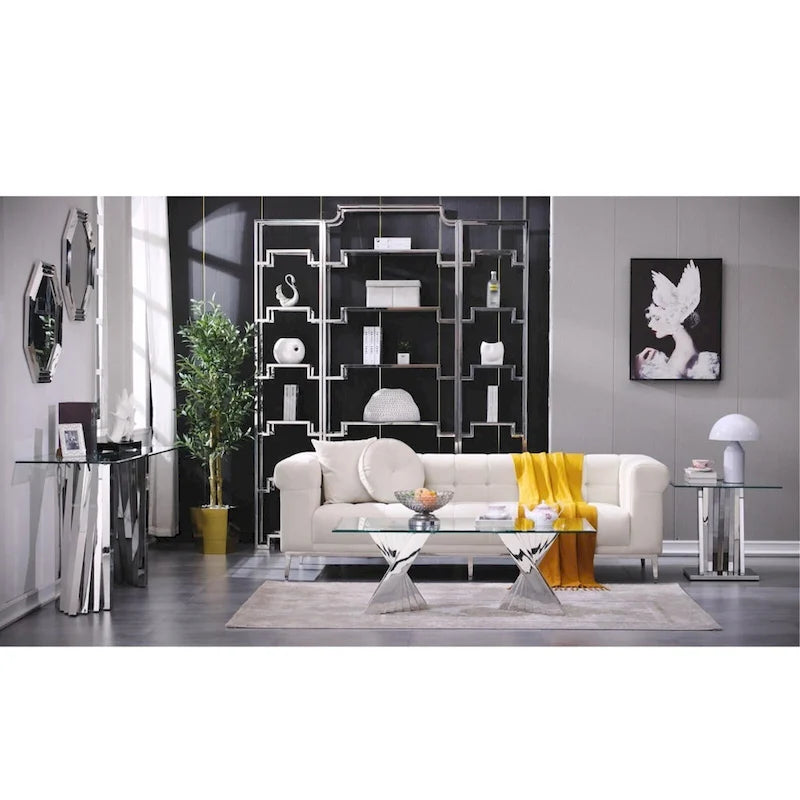 Modern Coffee Table Clear Tempered Glass Living Room Coffee Table with Geometric Base