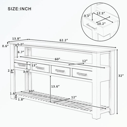 Console Table with 4 Drawers and 2 Shelves