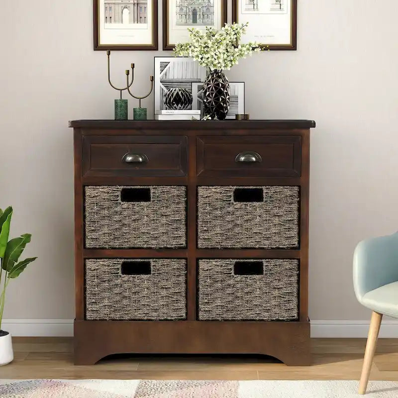 28  Wood 2 Drawers Storage Cabinet with 4 Rattan Basket