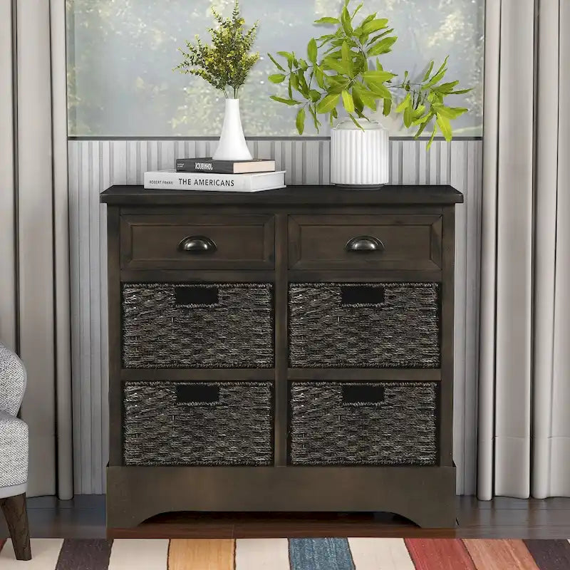 28  Wood 2 Drawers Storage Cabinet with 4 Rattan Basket