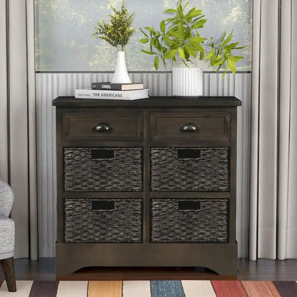 28  Wood 2 Drawers Storage Cabinet with 4 Rattan Basket