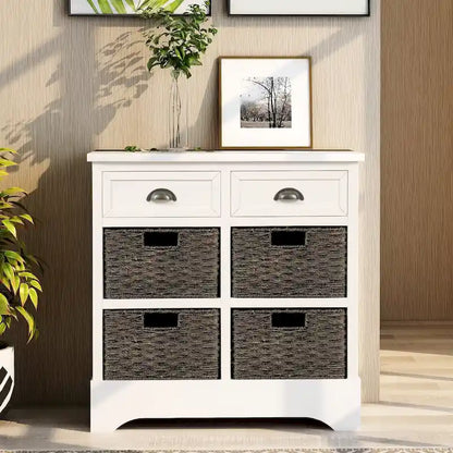 28  Wood 2 Drawers Storage Cabinet with 4 Rattan Basket