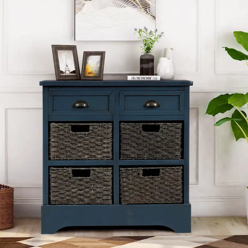 28  Wood 2 Drawers Storage Cabinet with 4 Rattan Basket