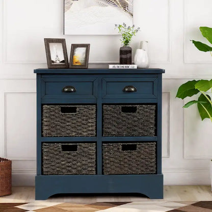 28  Wood 2 Drawers Storage Cabinet with 4 Rattan Basket