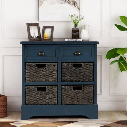 28  Wood 2 Drawers Storage Cabinet with 4 Rattan Basket