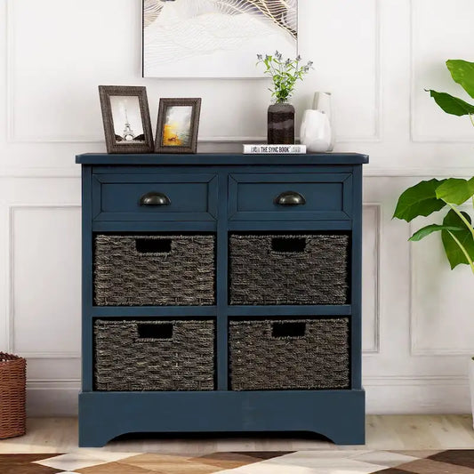 28  Wood 2 Drawers Storage Cabinet with 4 Rattan Basket