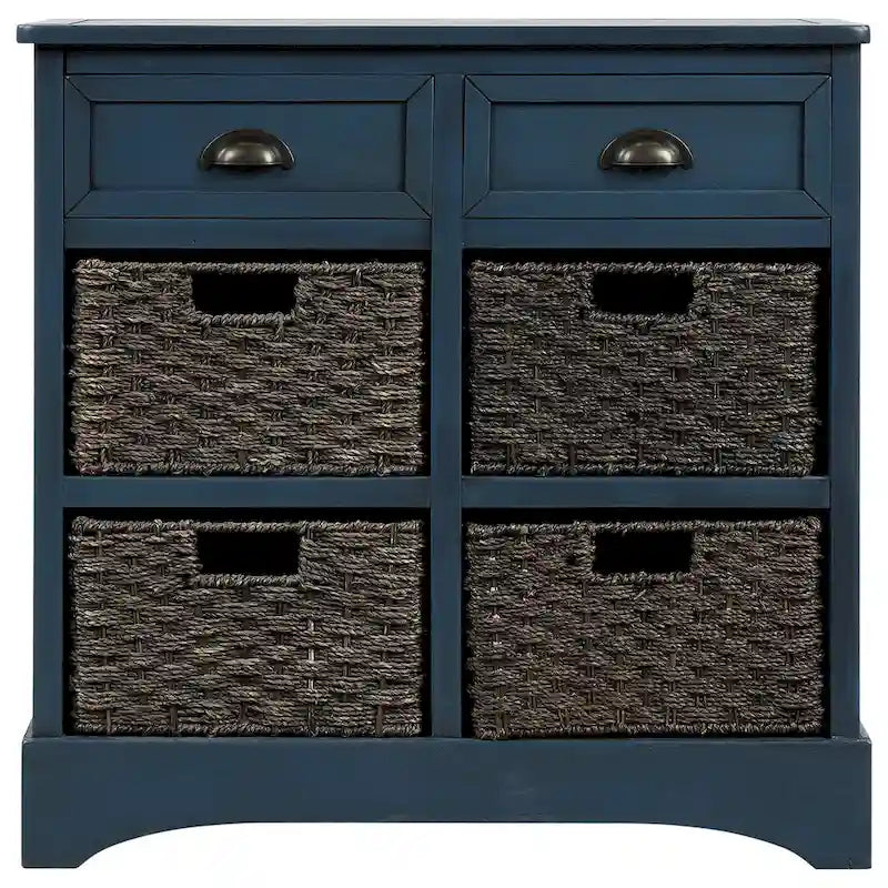 28  Wood 2 Drawers Storage Cabinet with 4 Rattan Basket