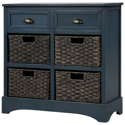 28  Wood 2 Drawers Storage Cabinet with 4 Rattan Basket