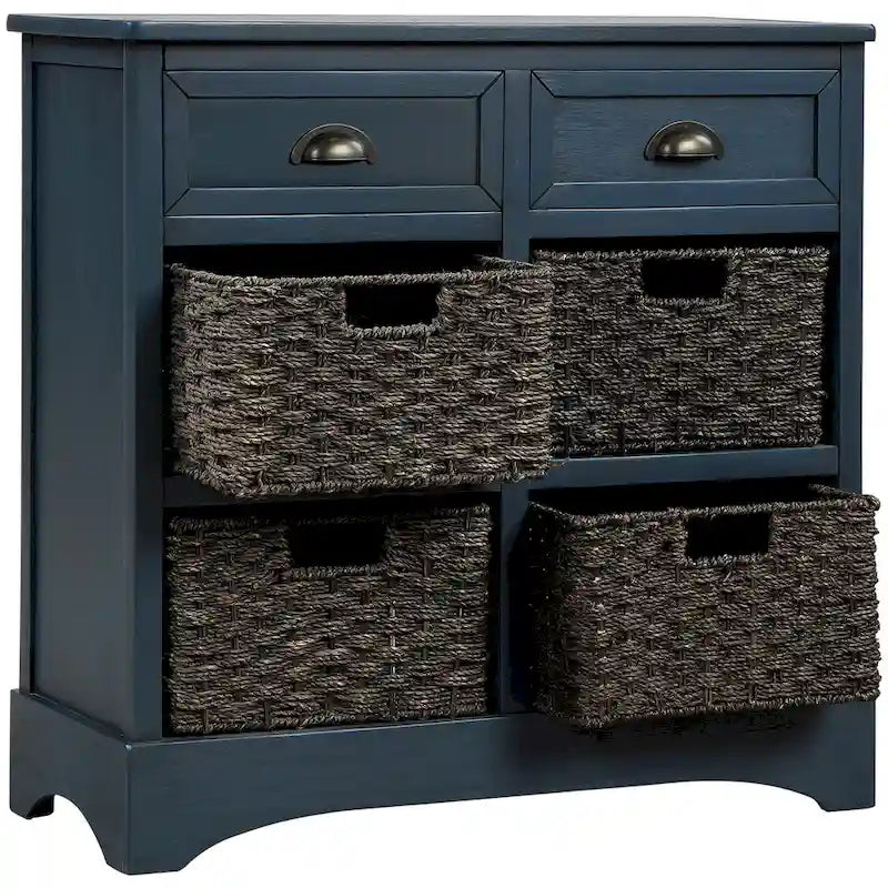 28  Wood 2 Drawers Storage Cabinet with 4 Rattan Basket