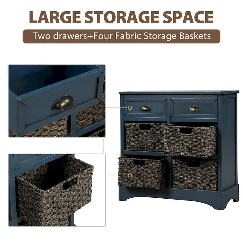 28  Wood 2 Drawers Storage Cabinet with 4 Rattan Basket