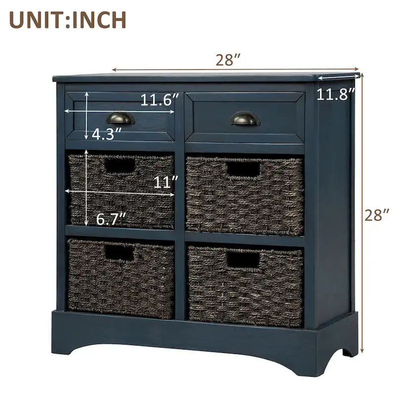 28  Wood 2 Drawers Storage Cabinet with 4 Rattan Basket
