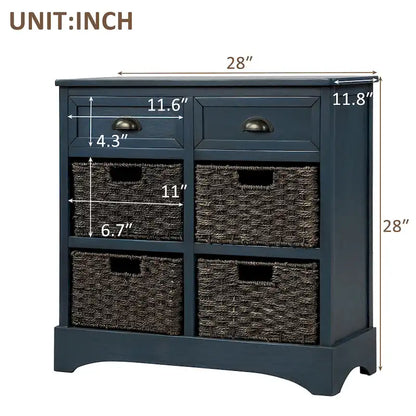 28  Wood 2 Drawers Storage Cabinet with 4 Rattan Basket