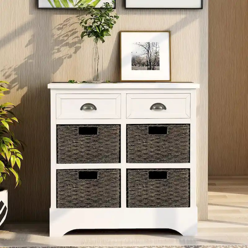28  Wood 2 Drawers Storage Cabinet with 4 Rattan Basket