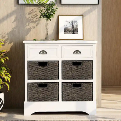 28  Wood 2 Drawers Storage Cabinet with 4 Rattan Basket