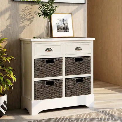 28  Wood 2 Drawers Storage Cabinet with 4 Rattan Basket