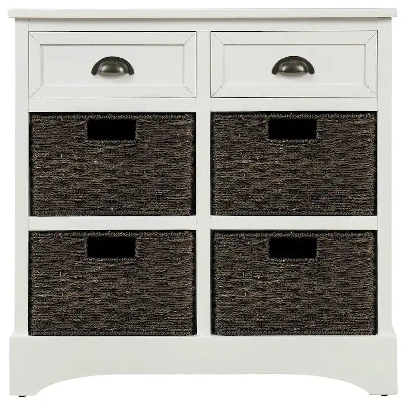 28  Wood 2 Drawers Storage Cabinet with 4 Rattan Basket