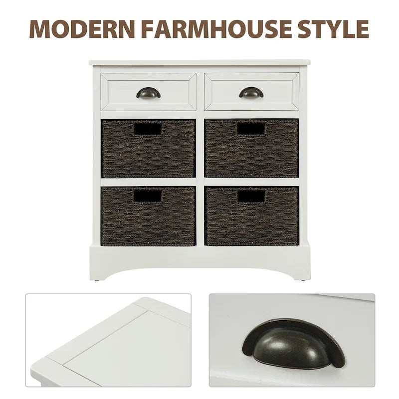 28  Wood 2 Drawers Storage Cabinet with 4 Rattan Basket