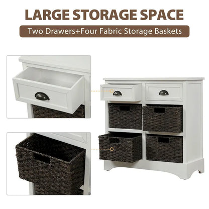 28  Wood 2 Drawers Storage Cabinet with 4 Rattan Basket