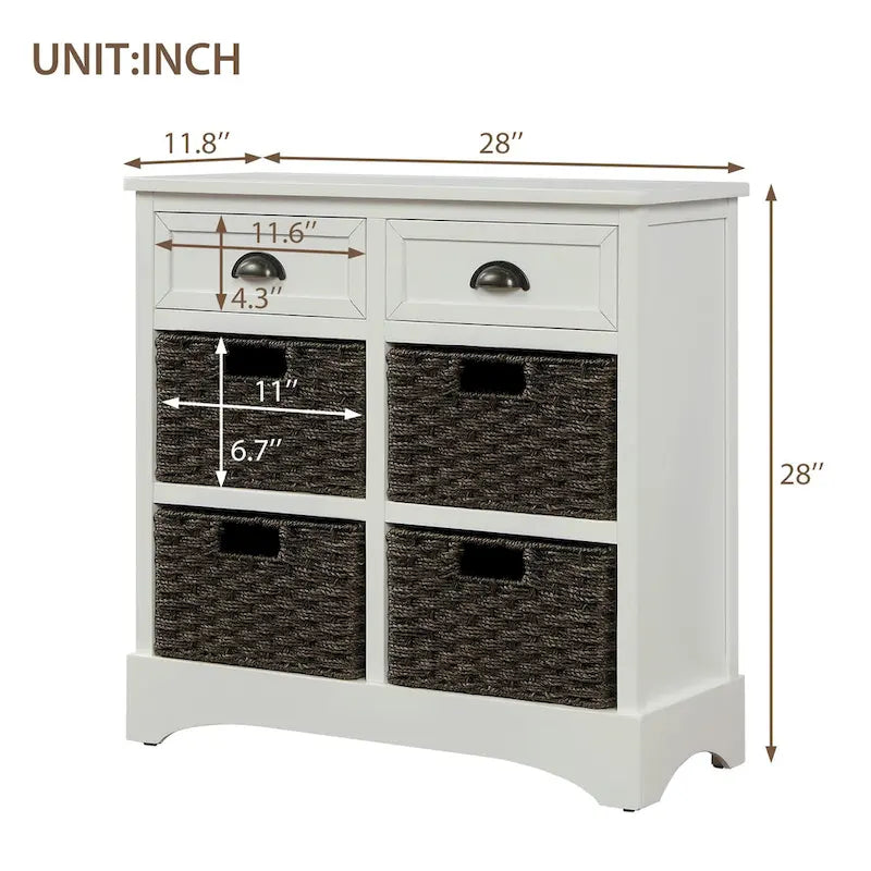 28  Wood 2 Drawers Storage Cabinet with 4 Rattan Basket