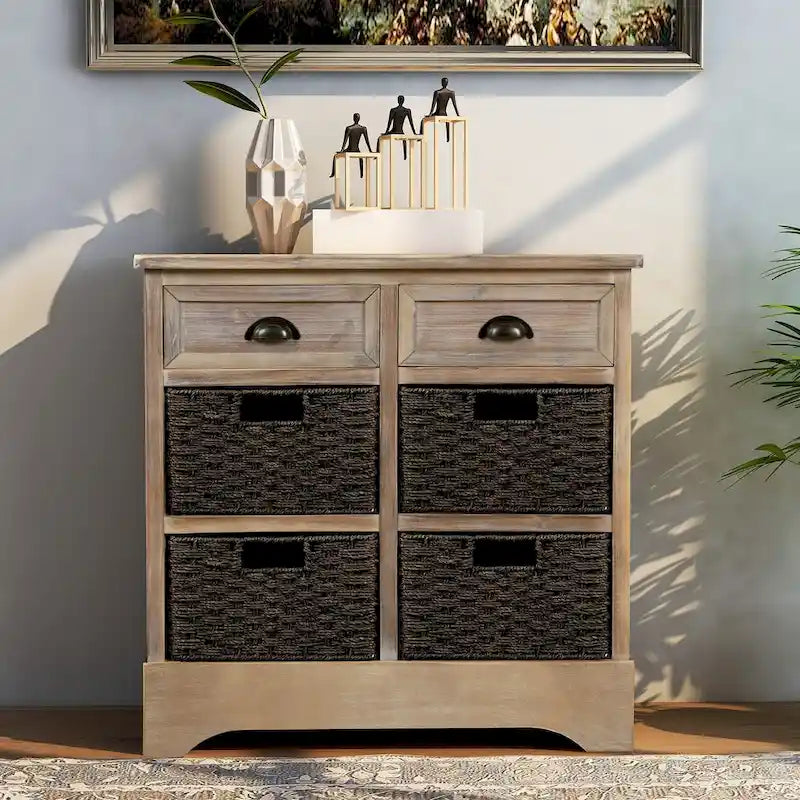 28  Wood 2 Drawers Storage Cabinet with 4 Rattan Basket