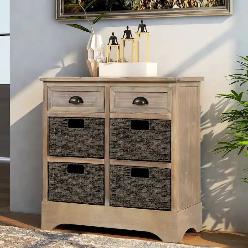 28  Wood 2 Drawers Storage Cabinet with 4 Rattan Basket