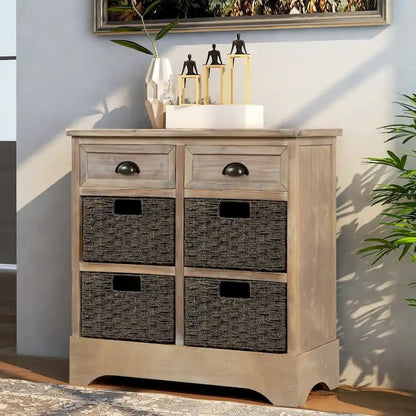 28  Wood 2 Drawers Storage Cabinet with 4 Rattan Basket