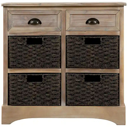 28  Wood 2 Drawers Storage Cabinet with 4 Rattan Basket