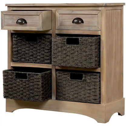 28  Wood 2 Drawers Storage Cabinet with 4 Rattan Basket