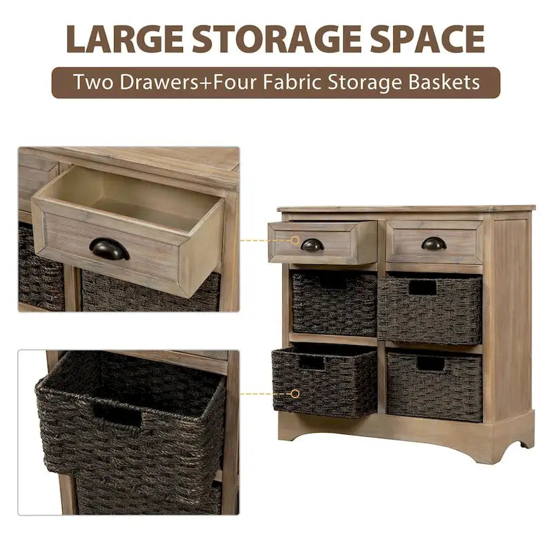 28  Wood 2 Drawers Storage Cabinet with 4 Rattan Basket