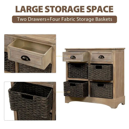 28  Wood 2 Drawers Storage Cabinet with 4 Rattan Basket