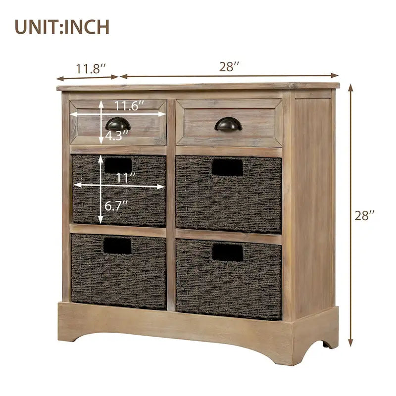 28  Wood 2 Drawers Storage Cabinet with 4 Rattan Basket