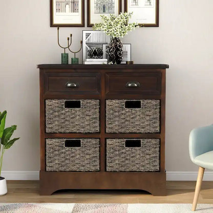 28  Wood 2 Drawers Storage Cabinet with 4 Rattan Basket