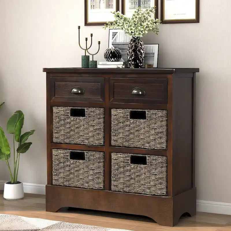 28  Wood 2 Drawers Storage Cabinet with 4 Rattan Basket