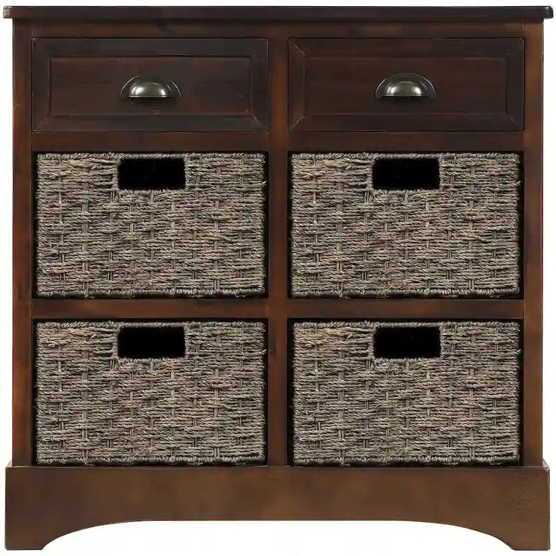 28  Wood 2 Drawers Storage Cabinet with 4 Rattan Basket