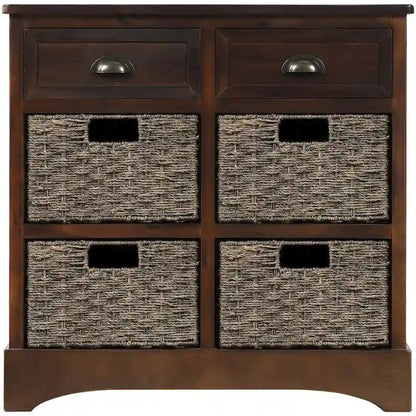 28  Wood 2 Drawers Storage Cabinet with 4 Rattan Basket