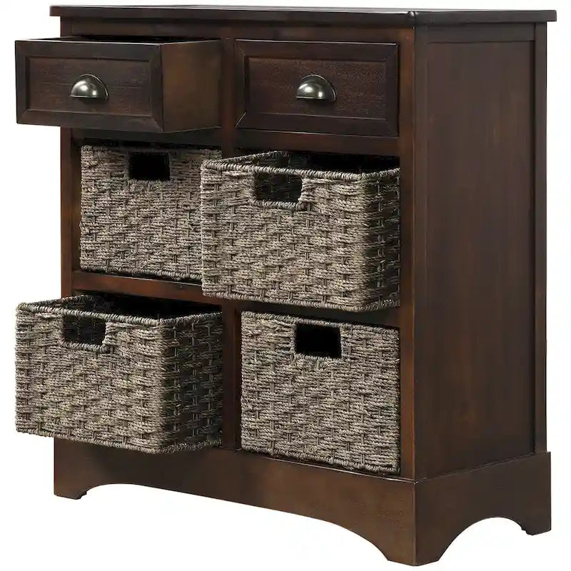 28  Wood 2 Drawers Storage Cabinet with 4 Rattan Basket