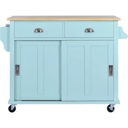 Kitchen Cart with Rubber wood Drop-Leaf Countertop, Concealed sliding barn door adjustable height