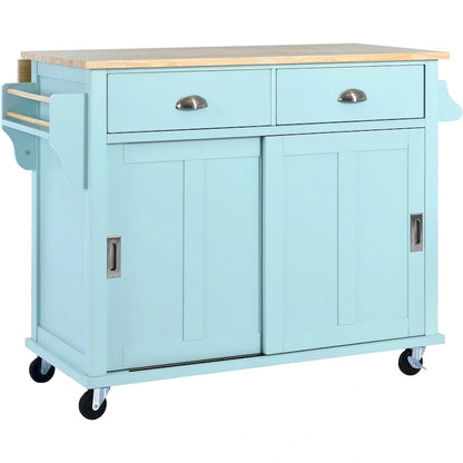 Kitchen Cart with Rubber wood Drop-Leaf Countertop, Concealed sliding barn door adjustable height