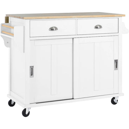 Kitchen Cart with Rubber wood Drop-Leaf Countertop, Concealed sliding barn door adjustable height