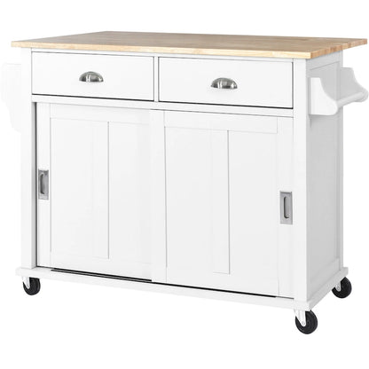 Kitchen Cart with Rubber wood Drop-Leaf Countertop, Concealed sliding barn door adjustable height