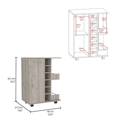 Wooden Bar Cart, Kitchen Serving Cart with Wine Rack and 1-Door Cabinet, 23.6x14.8x32.2 in.