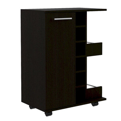 Wooden Bar Cart, Kitchen Serving Cart with Wine Rack and 1-Door Cabinet, 23.6x14.8x32.2 in.